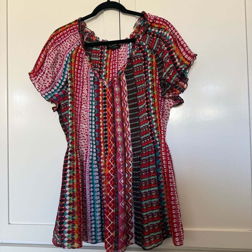 Melissa Paige Woman Boho Multi-Color Tribal Patchwork Print Blouse Tunic 2X